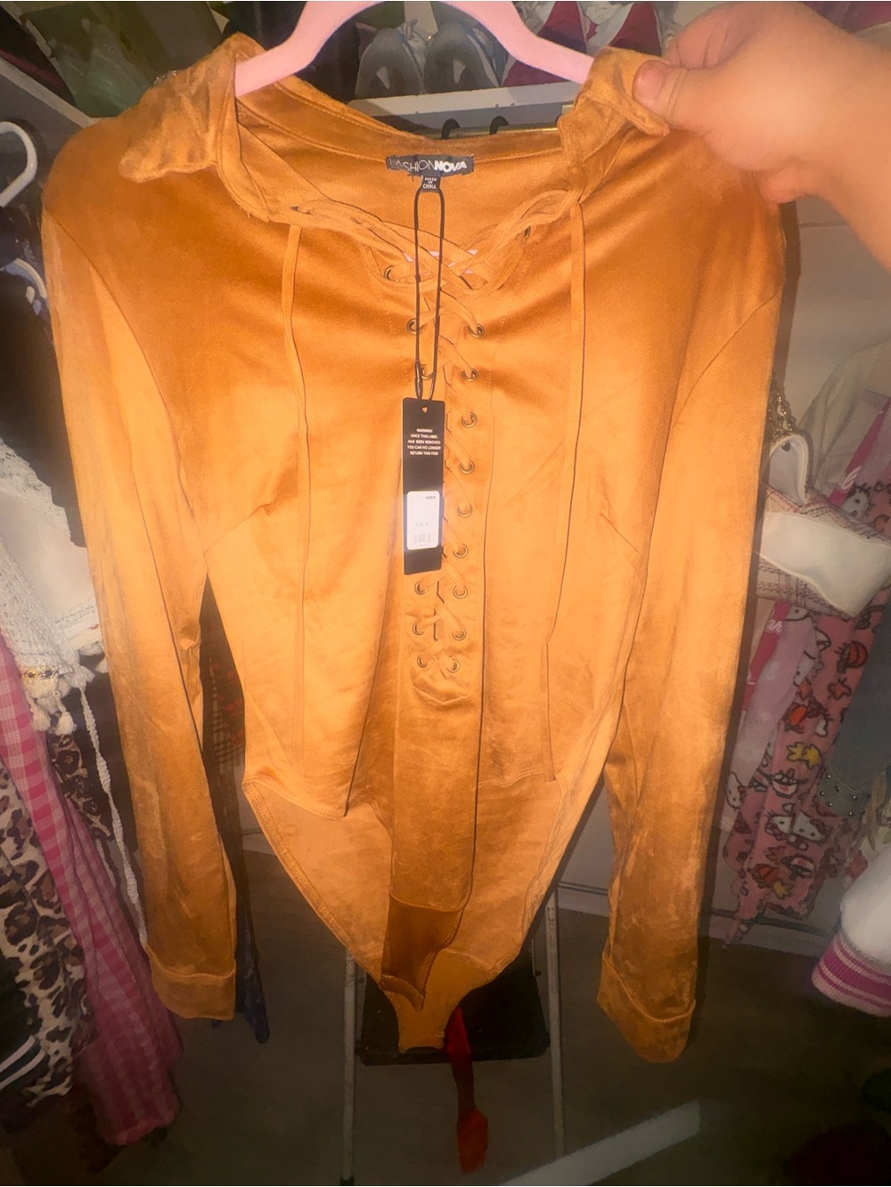 Fashion Nova Camel Lace-Up Long Sleeve Bodysuit